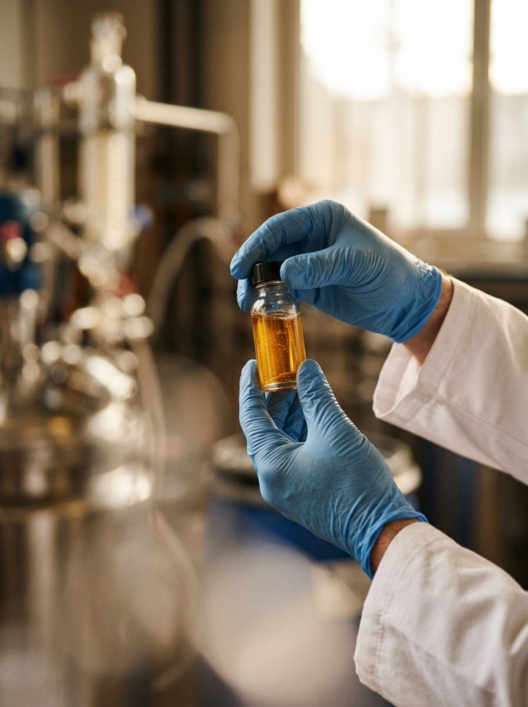 Manos con guantes azules sosteniendo a contraluz un frasco de vidrio con líquido ámbar, con equipo industrial desenfocado al fondo.