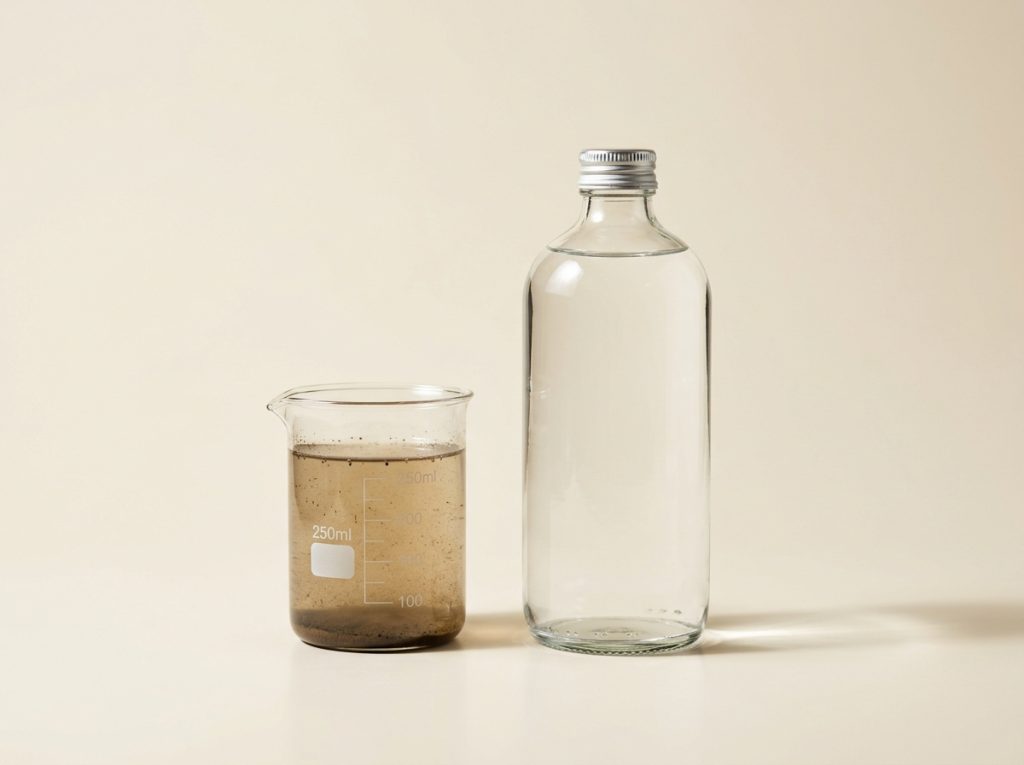 Jarra de vidrio con agua cristalina junto a un vaso de precipitado con agua turbia, piedras de río y gotas de agua sobre fondo blanco.