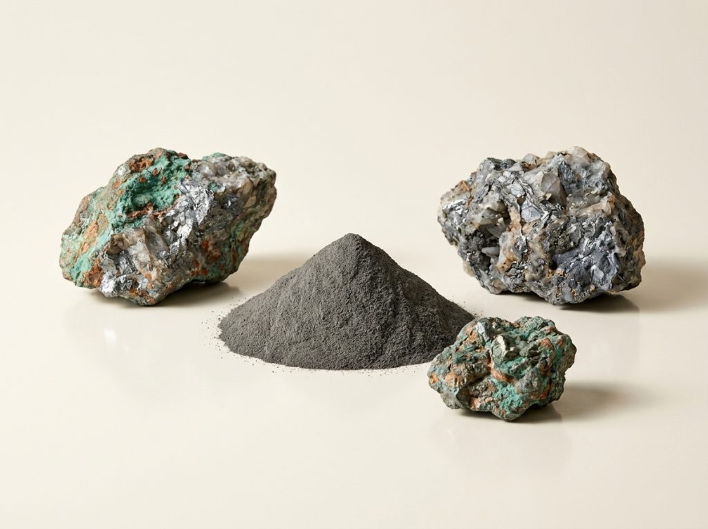 Rocas de mineral con vetas metálicas en tonos verde cobre y gris plata junto a un montículo de concentrado mineral en polvo, sobre fondo blanco.