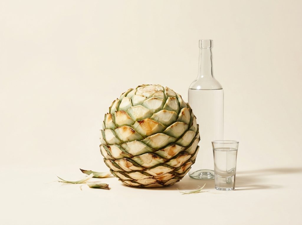 Piña de agave junto a una botella de vidrio sin etiqueta con destilado transparente y un caballito, sobre fondo blanco.